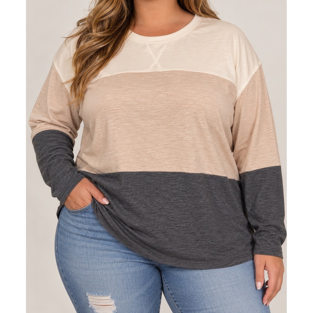 Maurices 24/7 Colorblock Long Sleeve Top Neutral Cream Tan Grey 2X CozyChic